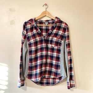 Splendid Plaid Flannel Shirt Waffle Knit Sides Pop Over Top Long Sleeve Medium